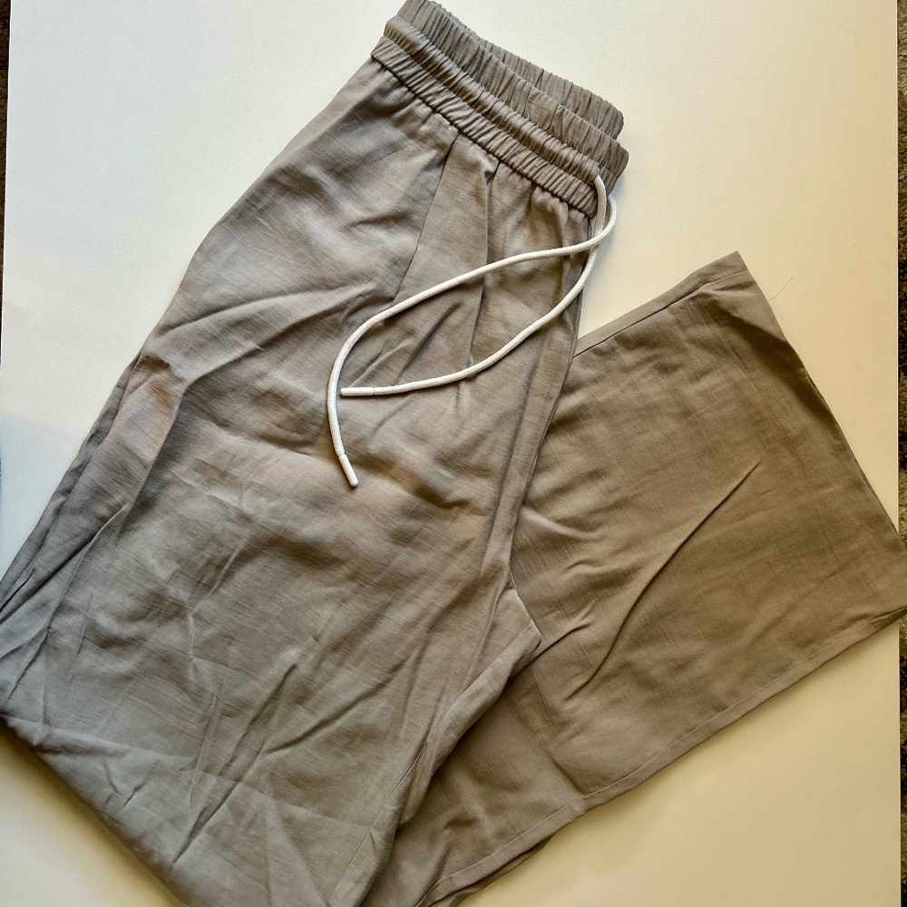 Gray Linen-Blend Wide Leg Drawstring Pants